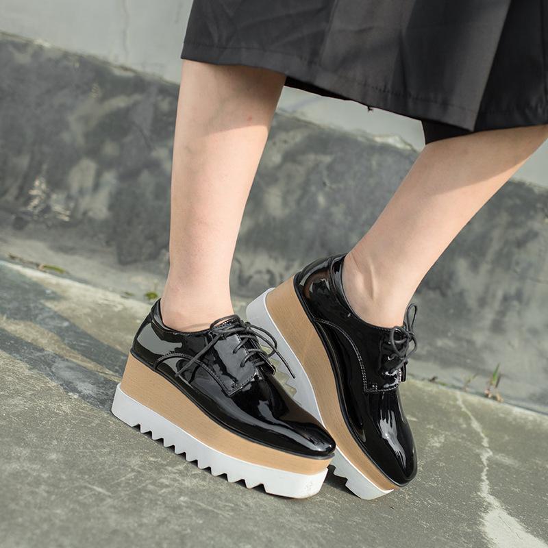 British Platform Muffin Women's New Lace-up Square Head Patent Leather Deep Mouth Single Shoes High Heels Wedges HZB