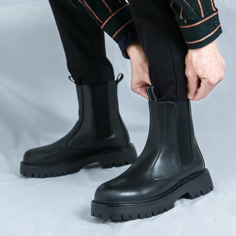 Fashion Brand Classic Black Platform Boots Men High Heel Height Increase Leather Ankle Chelsea Boots Men Thick Sole Motorcycle Boots
