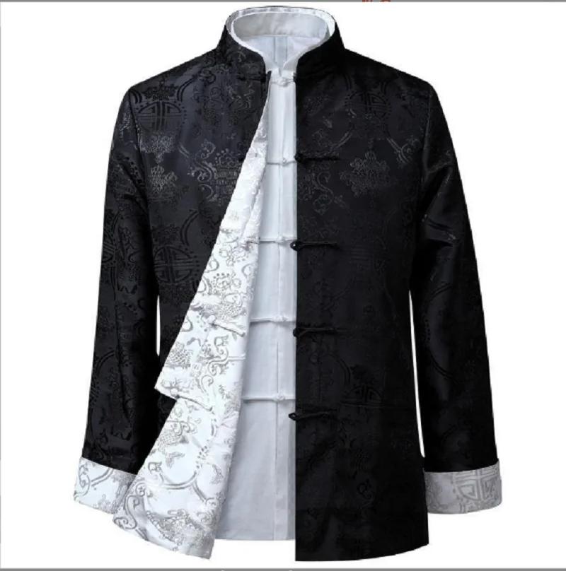Men Chinese Style Satin Silk Tang Suit Jacket Double Faced Long Sleeve Kung Fu Coat Hanfu Clothing Jackets Size S-3XL