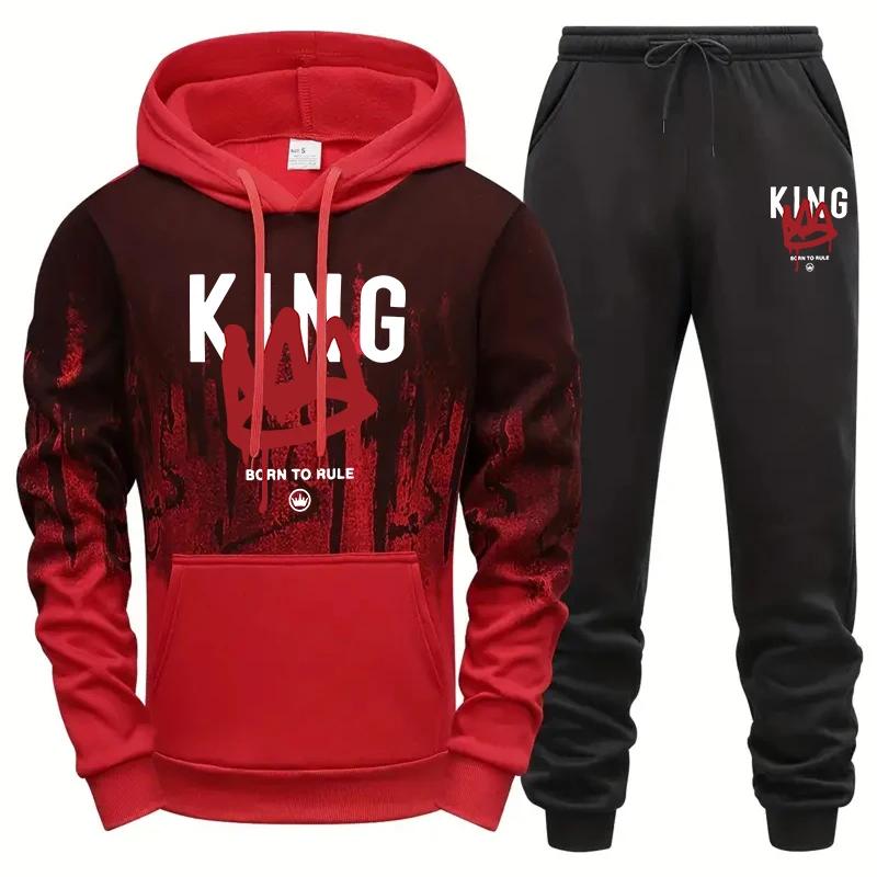 King Printing Mens Tracksuit Casual Sweatshirt Sweatpants 2 Pcs Set Sports Jogging Mens Clothing Splash-ink Hoodies Suit Street