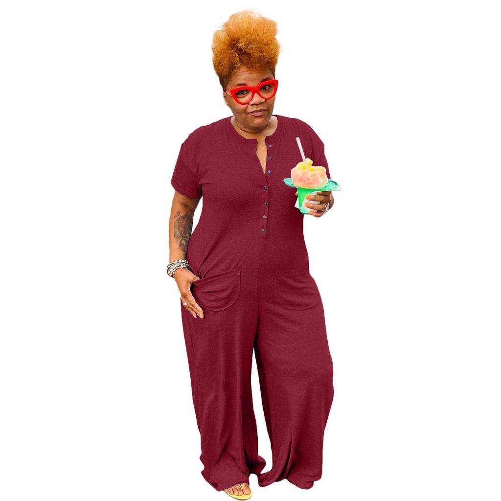 Plus Size Women's Fashion Casual Button Jumpsuit - European and American Style
