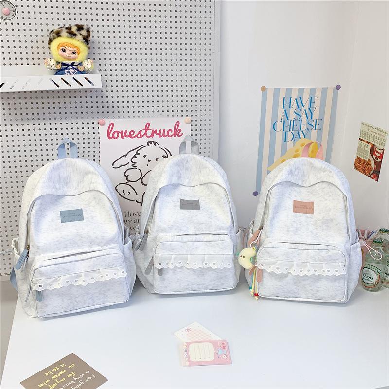 Schoolbag Light Grey Texture Fashion Lace Backpack Women's Simple Gentle Large Capacity Middle and High School Student Versatile School Bag