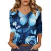 Hauts pour femmes, chemise à manches trois-quarts, col en V, chemise ample décontractée, t-shirt à imprimé floral