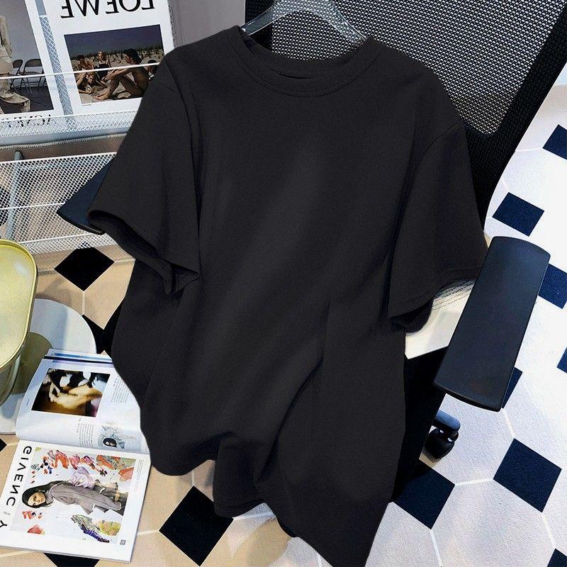 

Свободная футболка с коротким рукавом, скрывающая живот, модная, универсальная, однотонная Black 4XL