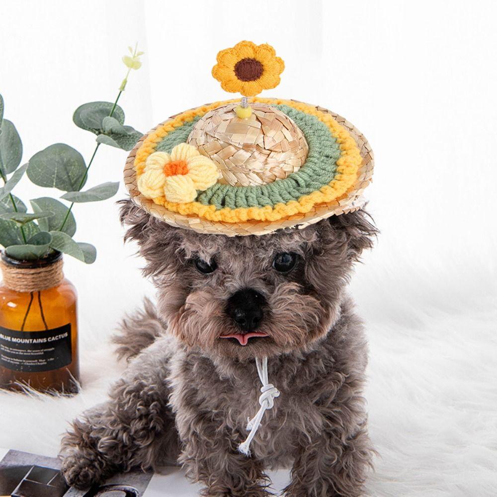 

for Photography Props Woven Wide Brim Dog Fisherman hat Cat Straw Hat Pet Accessories Dog Sun Hat