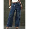 Womens High Waist Wide Leg Jeans Dark Blue Cross Design Straight Long Pants
