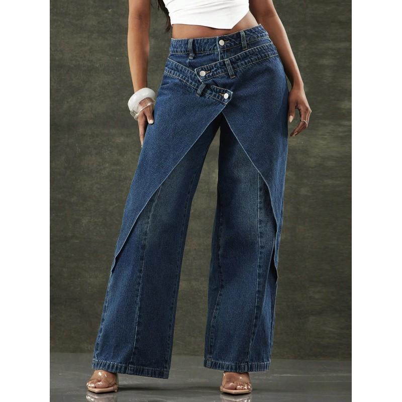 Womens High Waist Wide Leg Jeans Dark Blue Cross Design Straight Long Pants