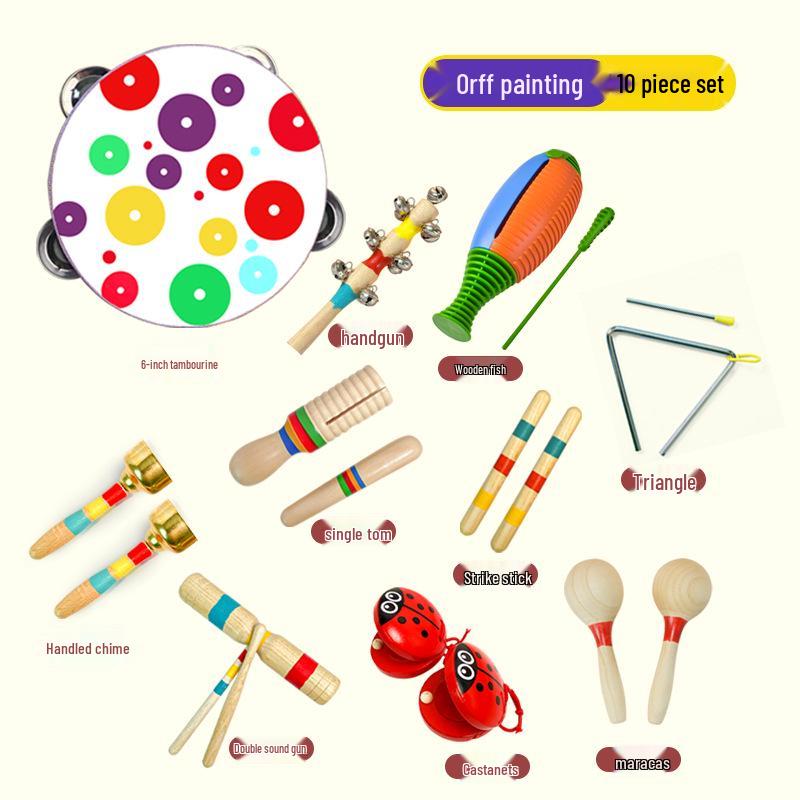 Children's Orff Percussion Instruments: Triangle, Castanets, Maracas, Tambourine, Wood Block, Cymbals