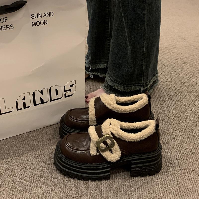 British Style Velvet Loafers Cotton Shoes for Women's 2025 Autumn and Winter New Thick-soled Thick-heeled Retro Fluffy Mary Jane Small Leather Shoes