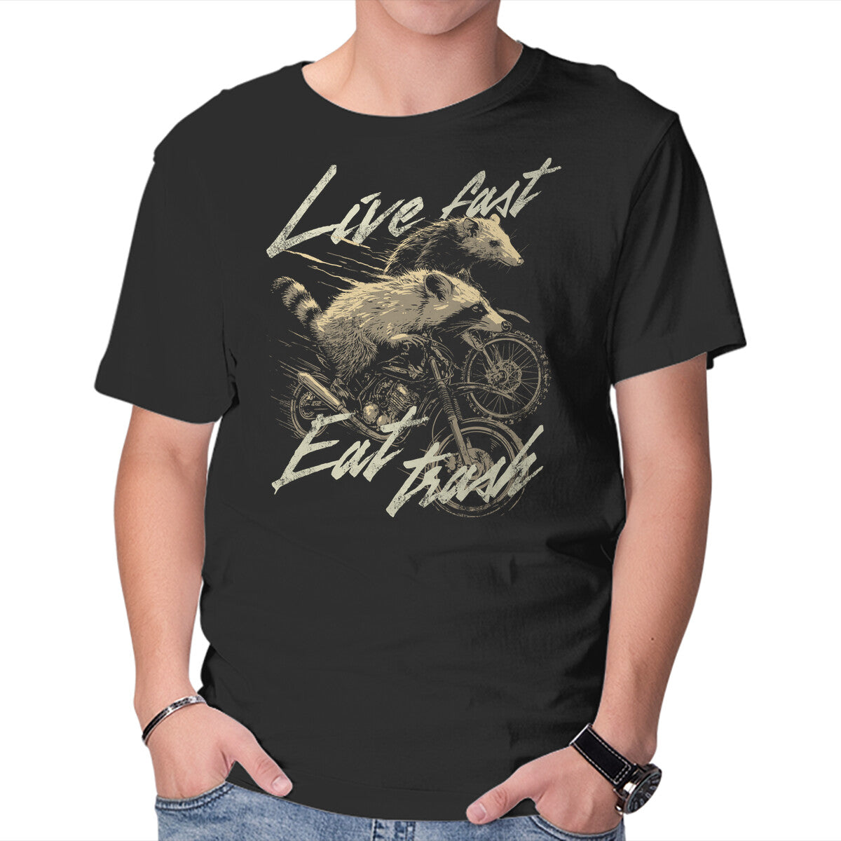 Unisex Crew Neck T-Shirt Raccoon Live Fast Eat Trash Graphic Short Sleeve Casual Tee S