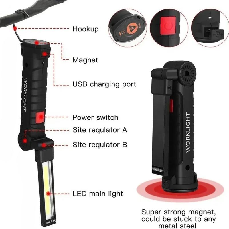 COB LED Portable Work Light Dimmable USB Rechargeable LED Flashlight Inspection Lamp With Magnetic Hook Power Bank 18650 Battery Torch