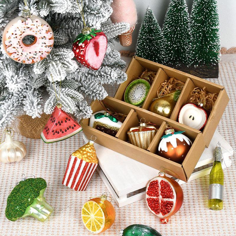 3Pcs Christmas Decorations Creative Hand-Painted Glass Pendant Fun Fruit and Vegetable Shaped Xmas Tree Hanging Ornaments Gifts