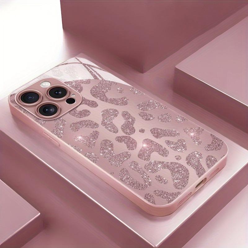 Fashion Pink Leopard Print Metallic Paint Glass Hard Phone Case For iPhone 17 15 16 11 12 13 14 Pro Max Plus 16E 17Air Cover