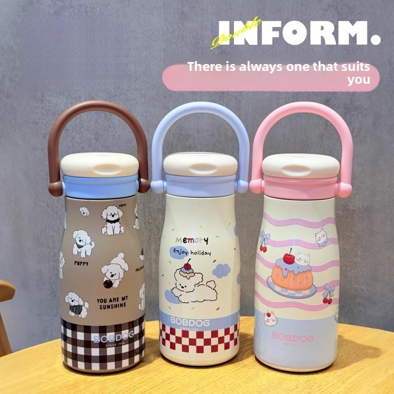 Kawaii Welpen Thermos Wasserflasche mit Strohhalm Niedlicher Edelstahlbecher für Heiß Kalt Kaffee Tee Tragbarer Thermobecher 600ml