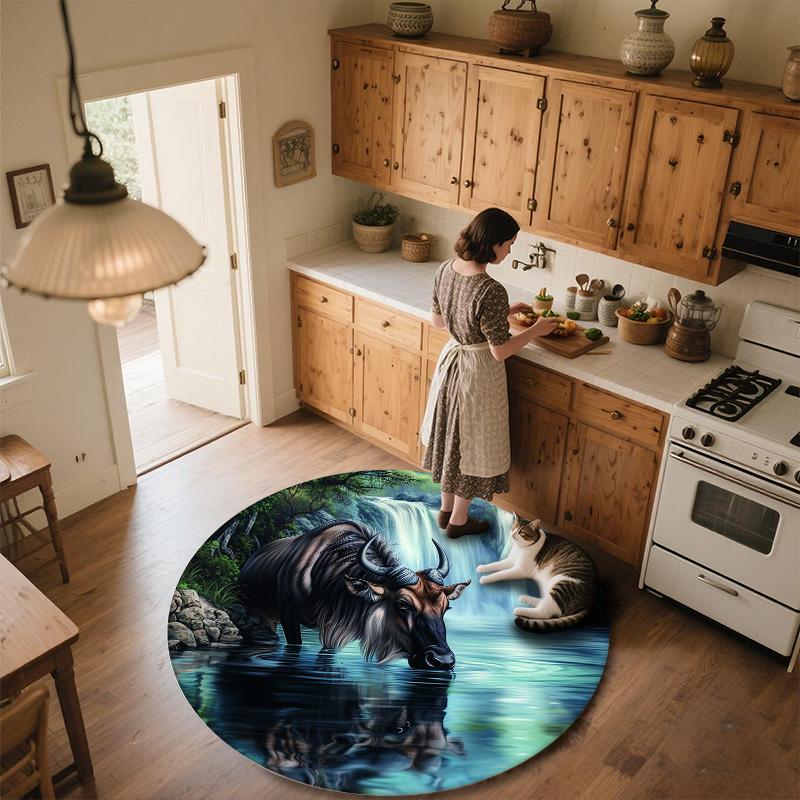 Wildebeest,Round Area Rug,Carpet Rug for Living Room Bedroom Sofa Playroom Decor,Non-slip Floor Mat