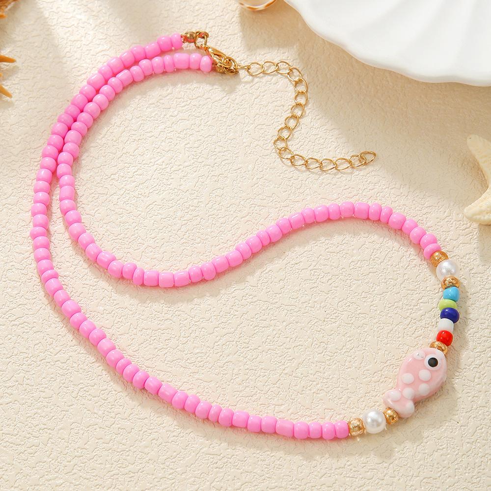 Color Beaded Necklace Women's Japanese Versatile Double-sided Painted Cute Ceramic Fish Bracelet Women's Premium Hand Rope
