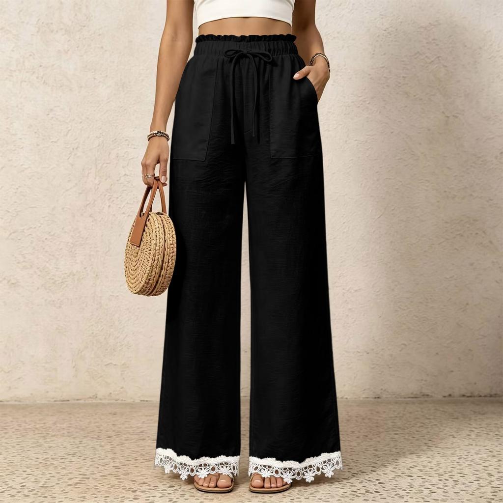 Women's Casual Wide Leg Pants with High Waist Drawstring and Lace Trim Patch Pockets for Everyday Wear