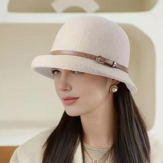 Basin Hat British Style Woolen Casual Hat with Rolled Brim Faux Leather Strap Women Autumn Winter Urban Hat