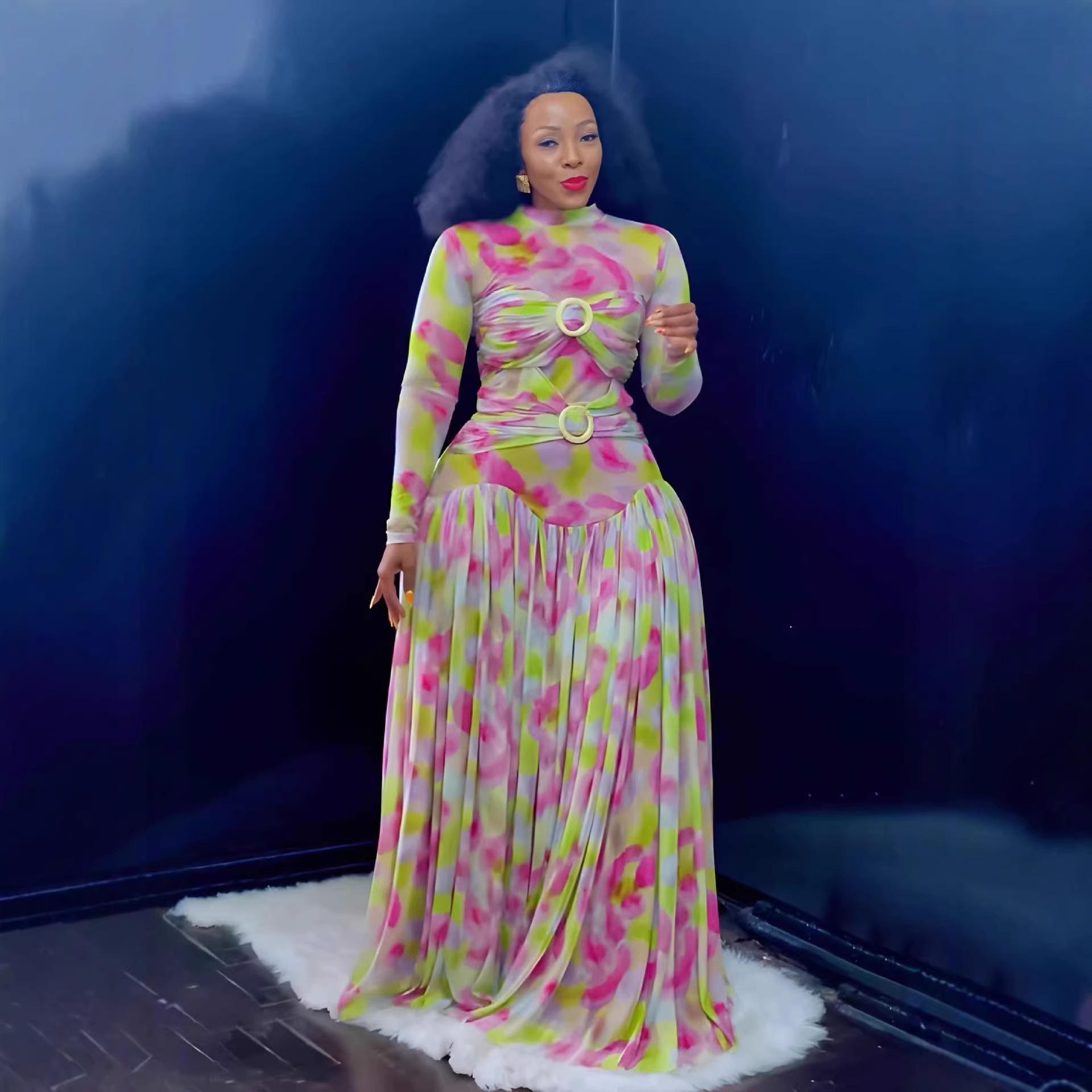 Women s Colorful Floral Mesh Long Sleeve Irregular Round Neck Dress with Wide Hem 26005 S