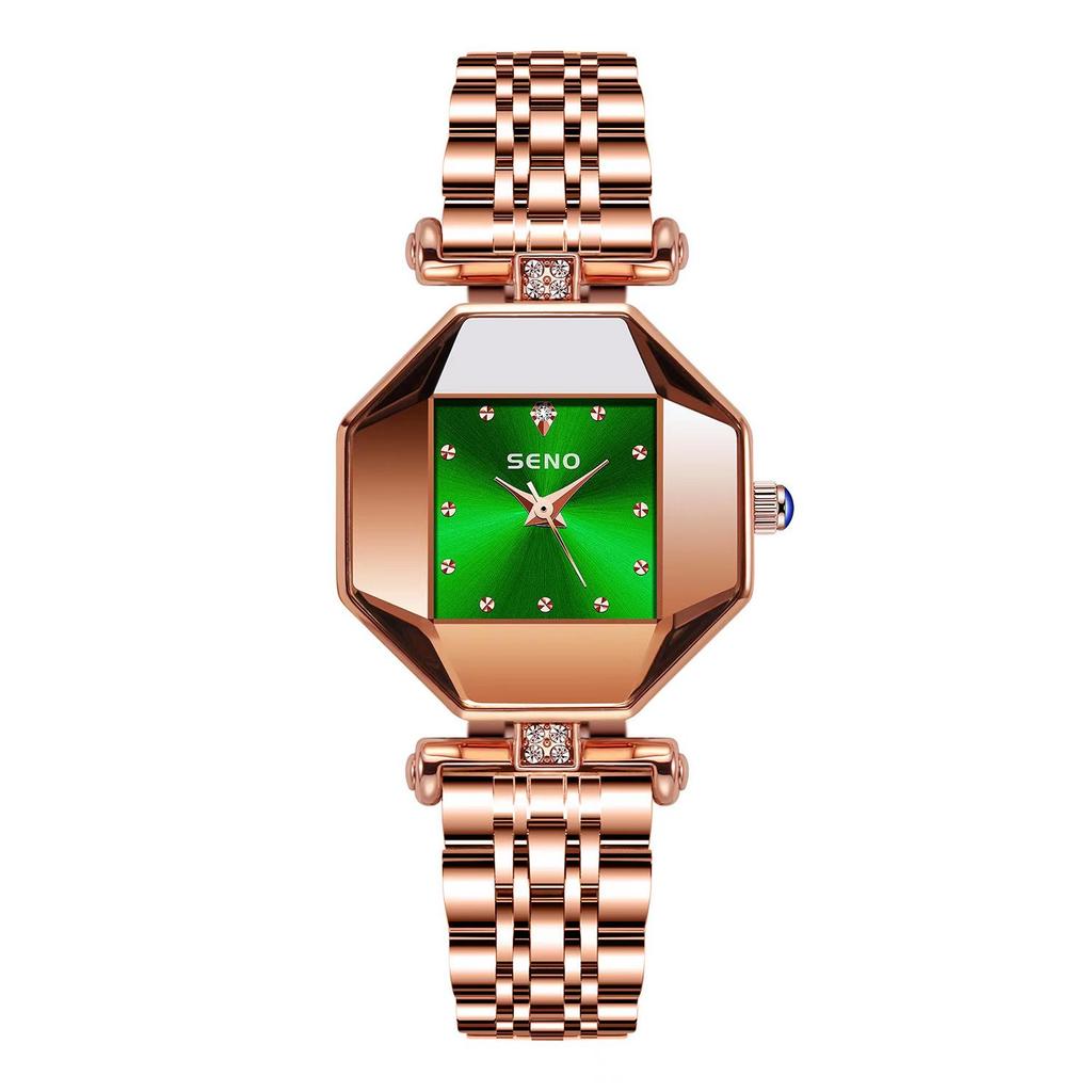 Elegant Women's Steel Band Wristwatch In Pomegranate Red, Champagne Gold & Green