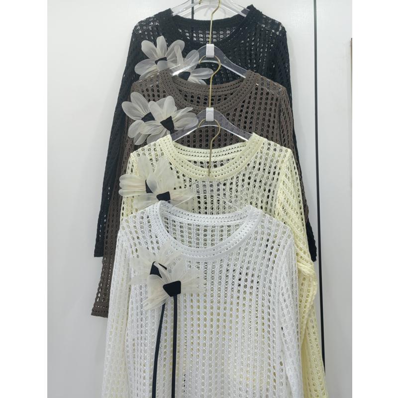 summer Three dimensional flowers Women's Knitted Sweaters Lady Hollow Out Mesh Thin Pullover See Through Look Long Sleeve loose Tops Sunscreen shirt