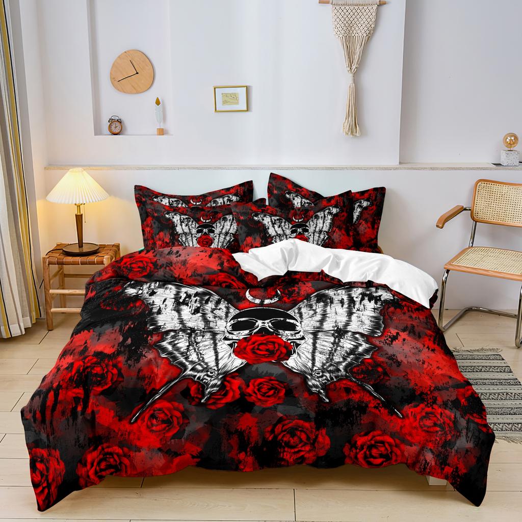 3Pcs Set Black Red Skull Butterfly Rose Print Duvet Cover Set, For Home Bedroom Dormitory And Hotel Use