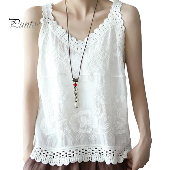 Dame Sommer Tank Tops V-hals Ermeløs Ensfarge Loose Fit Casual Bluse Broderi Blondemønster Sling Topper