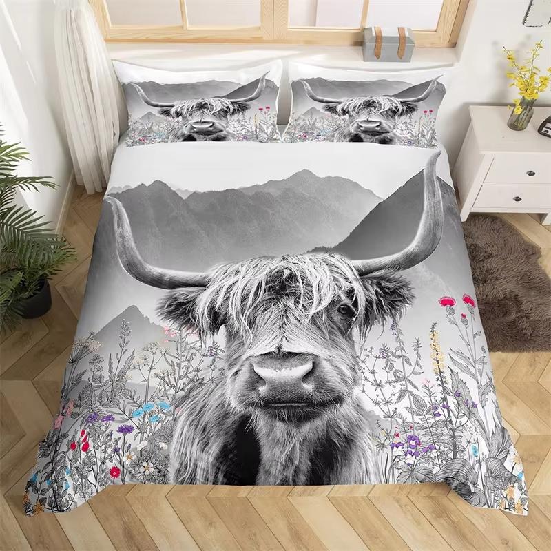 Highland Cow Duvet Cover Western Farmhouse Animal Bedding Set Microfiber Farm Bull Cattle Floral Comforter Cover Twin King Size