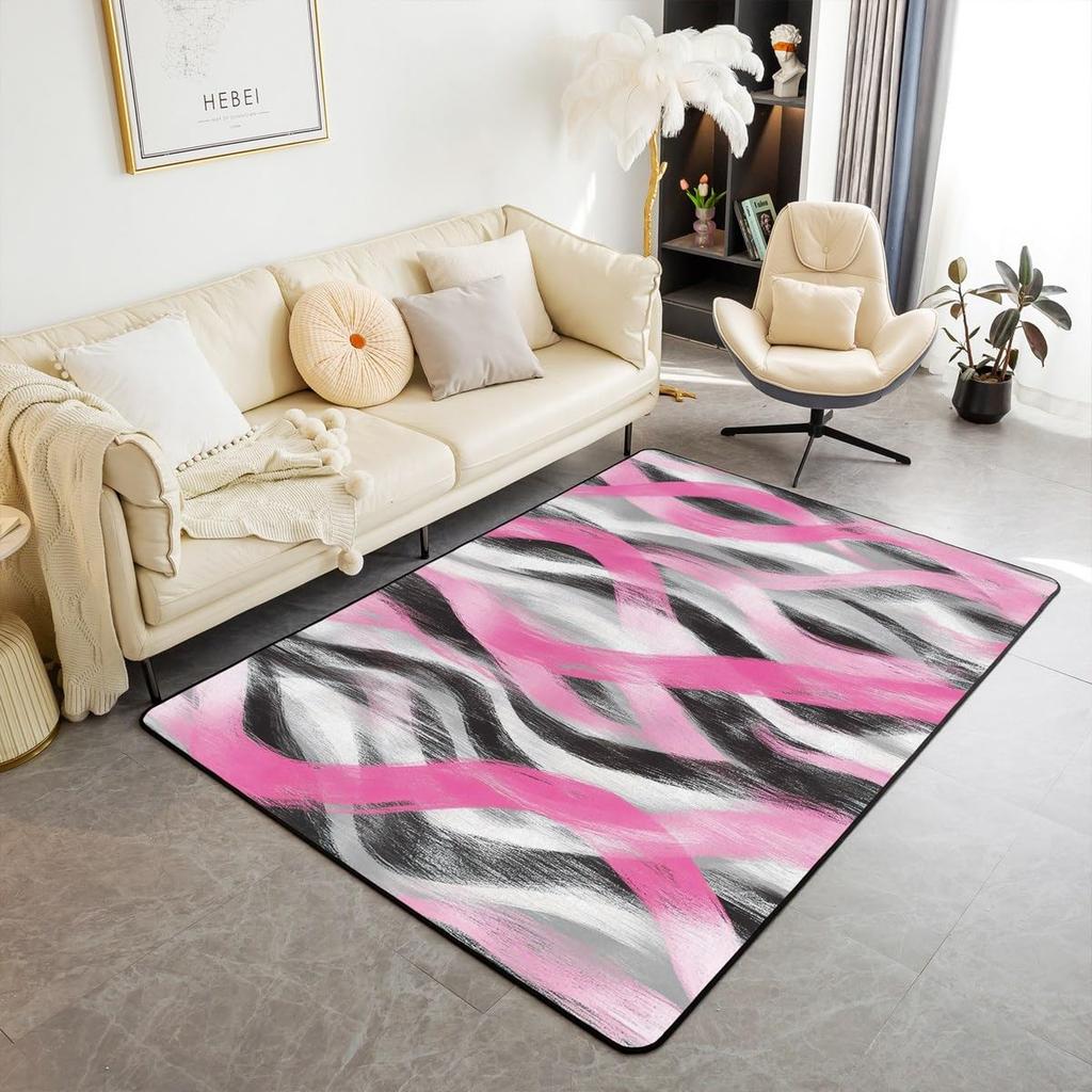 Modern Abstract Curve Print Area Rug, Black Pink & White Design Non-Slip Floor Mat for Living Room Bedroom Home Decor Carpet