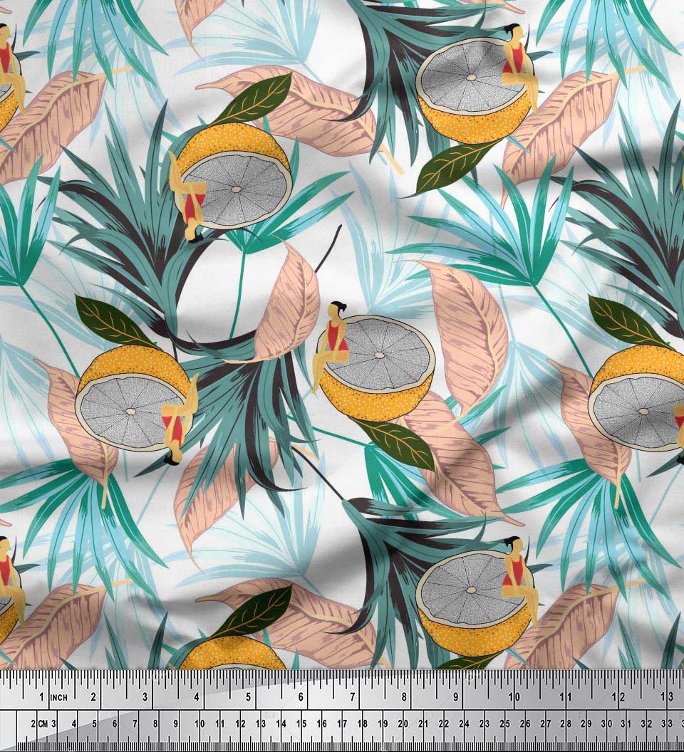 

Тканина для рукоділля з японським креповим атласом Soimoi Grey, тропічне листя, дівчина та шматочки лимона, тканина для рукоділля з овочевим принтом на метри 42 дюйми 42 Inch Wide - Poly Crepe білий