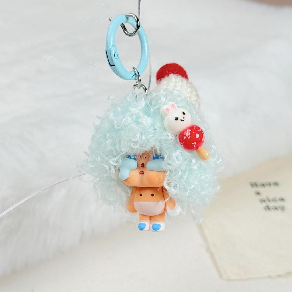 Cartoon Explosion Head Doll Keychain - New Wig Bag Charm & Phone Accessory