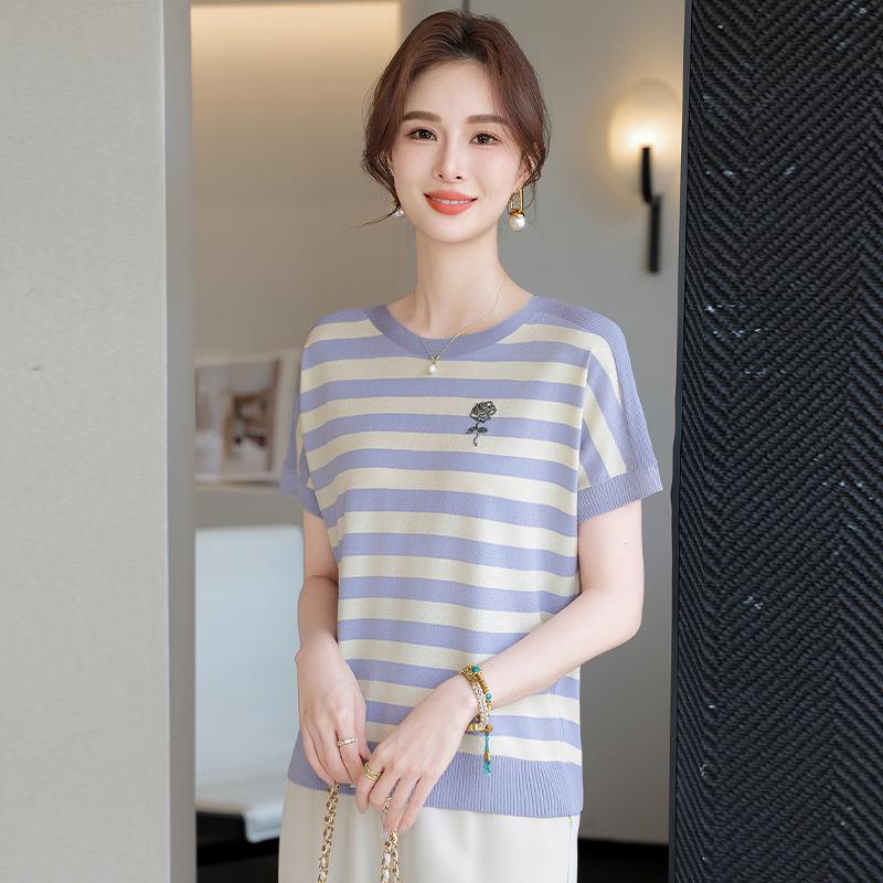 Stylish Summer Knit Striped Short-Sleeve T-shirt for Mom - Loose Fit, Round Neck, Ice Silk, Middle-Aged & Elderly Women