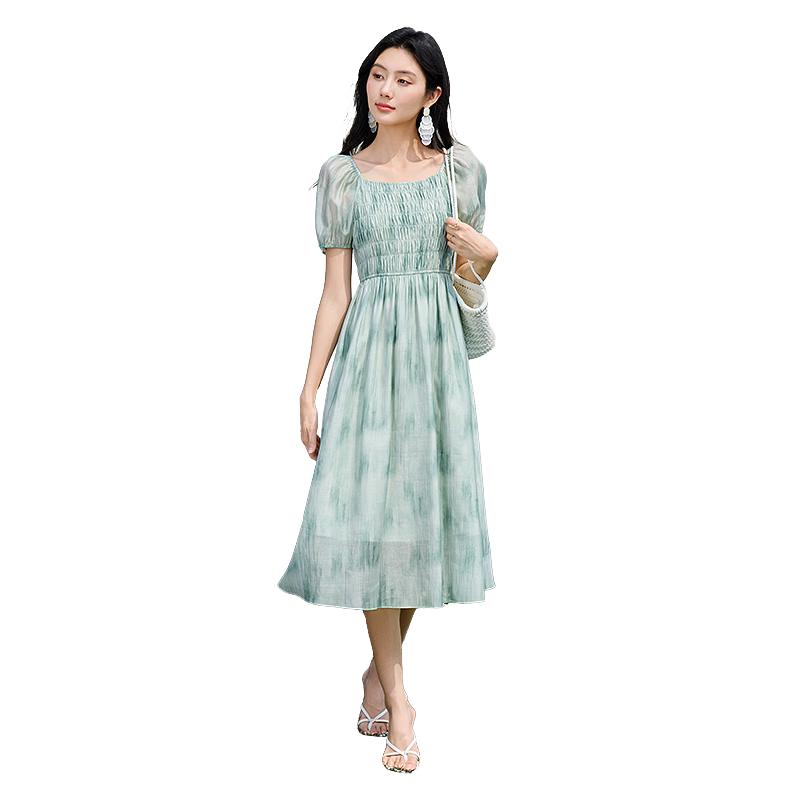Women s French Style Lyocell Puff Sleeve Dress S