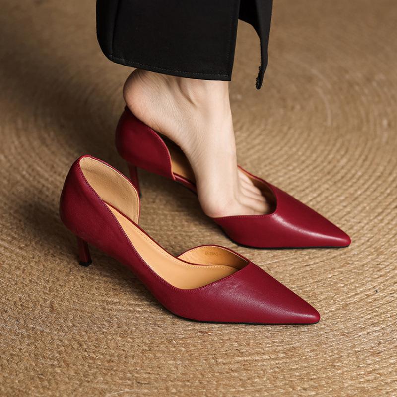 New hollow sandals women's summer women's high-heeled sandals casual beef tendon soft sole large and small size women's shoes pointed leather