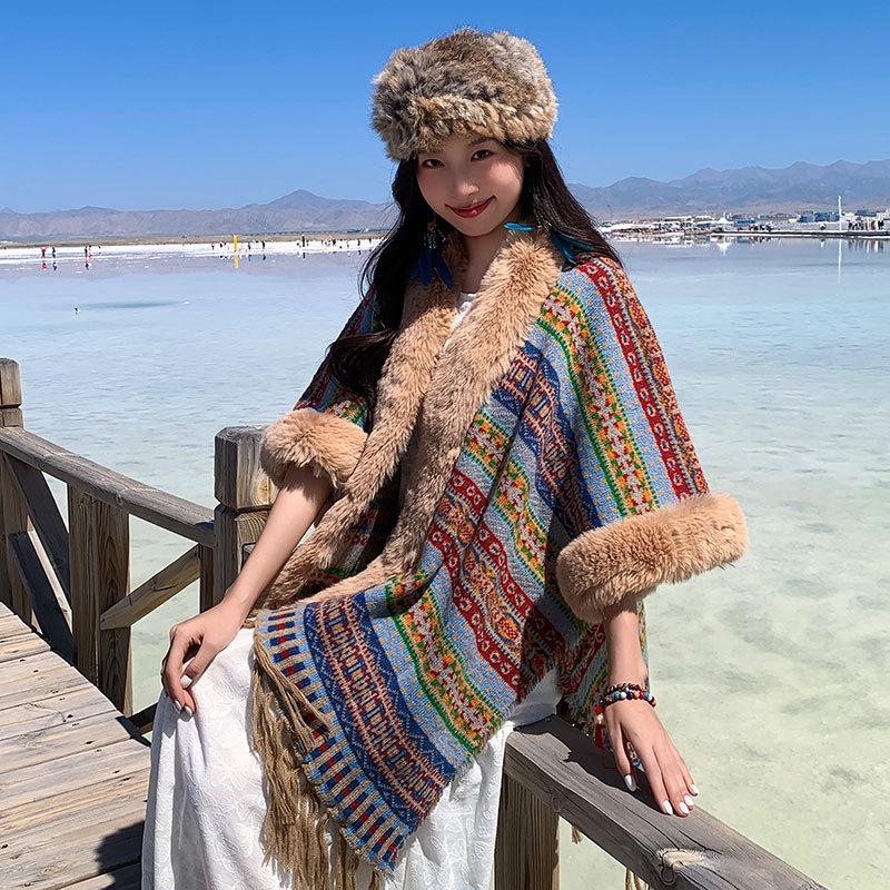 Winter Women Scarf Layers Poncho Elegant Retro Striped Print Wraps Shawl Casual Warm Hairy Scarve Capa Para Mujer Pashmina Cloak