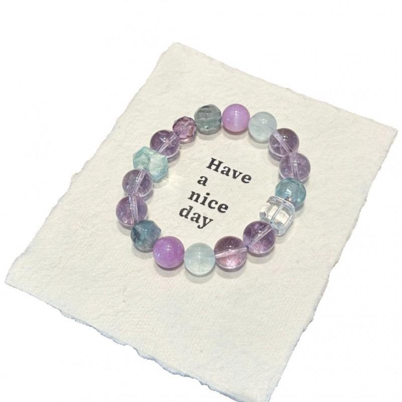 Handmade Natural Amethyst Green Fluorite Kunzite Clear Quartz Cube Bead Bracelet Women Lightweight Luxury Style