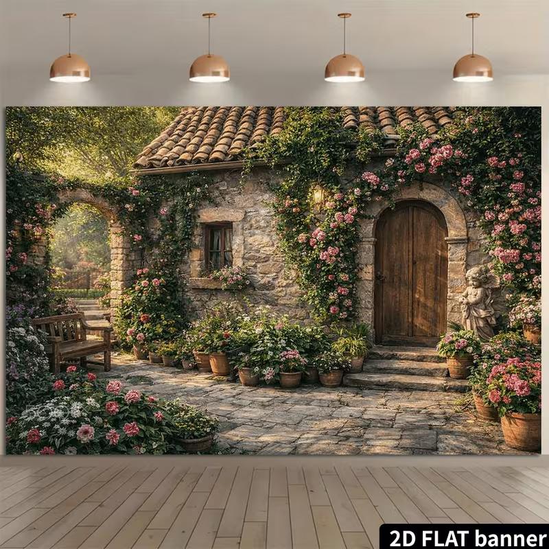 2D Romantic Cottage Backdrop Stone House Blooming Roses Studio Photo Background Cloth