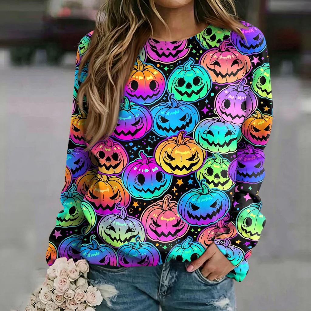 Women's Casual Neck Long Sleeve Raglan Halloween Print Sweatshirt
