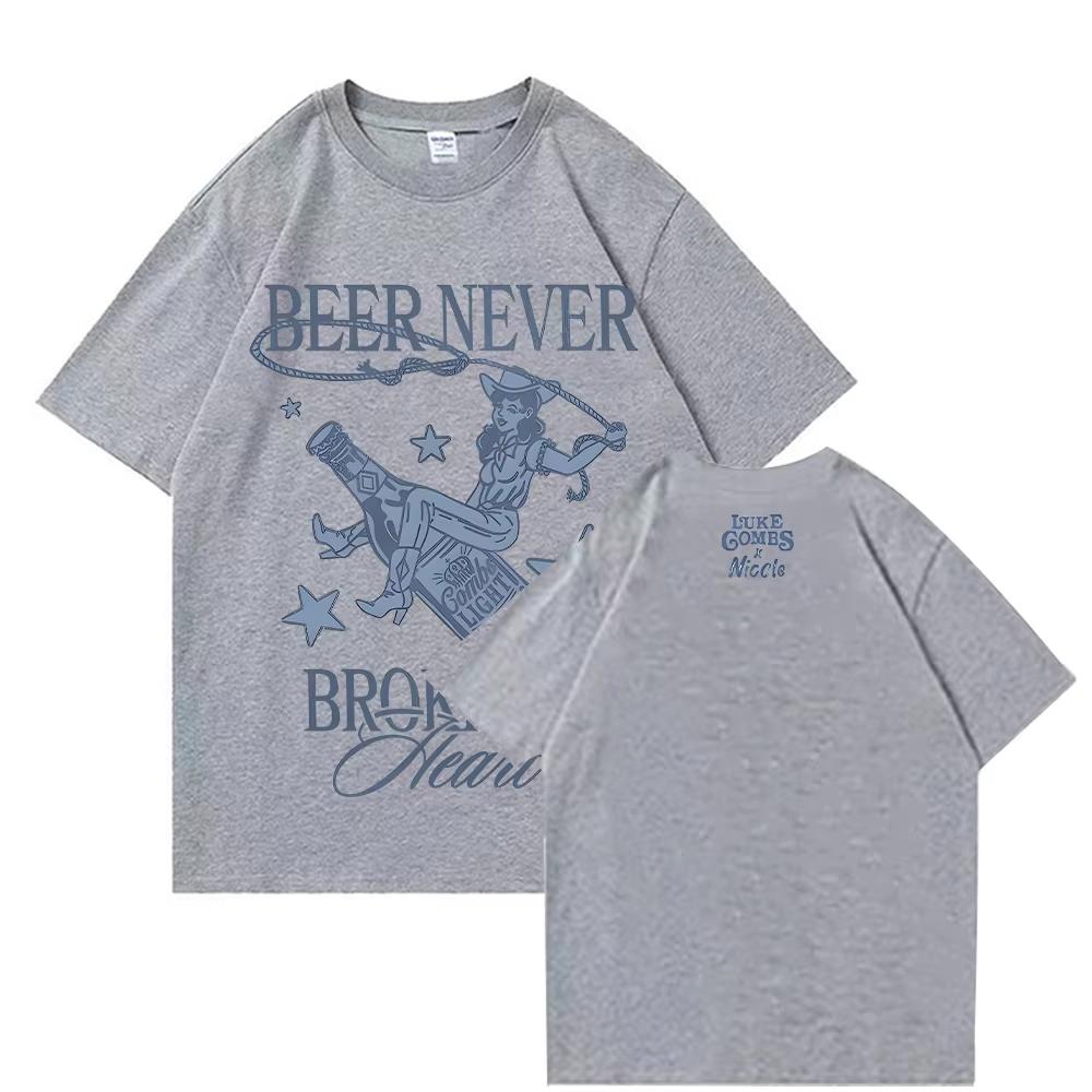 Beer Never Broke My Heart Tee Luke Combs Music Man Woman Harajuku O-Neck Short Sleeve Shirts Lightweight Breathable and Comfortable Clothes