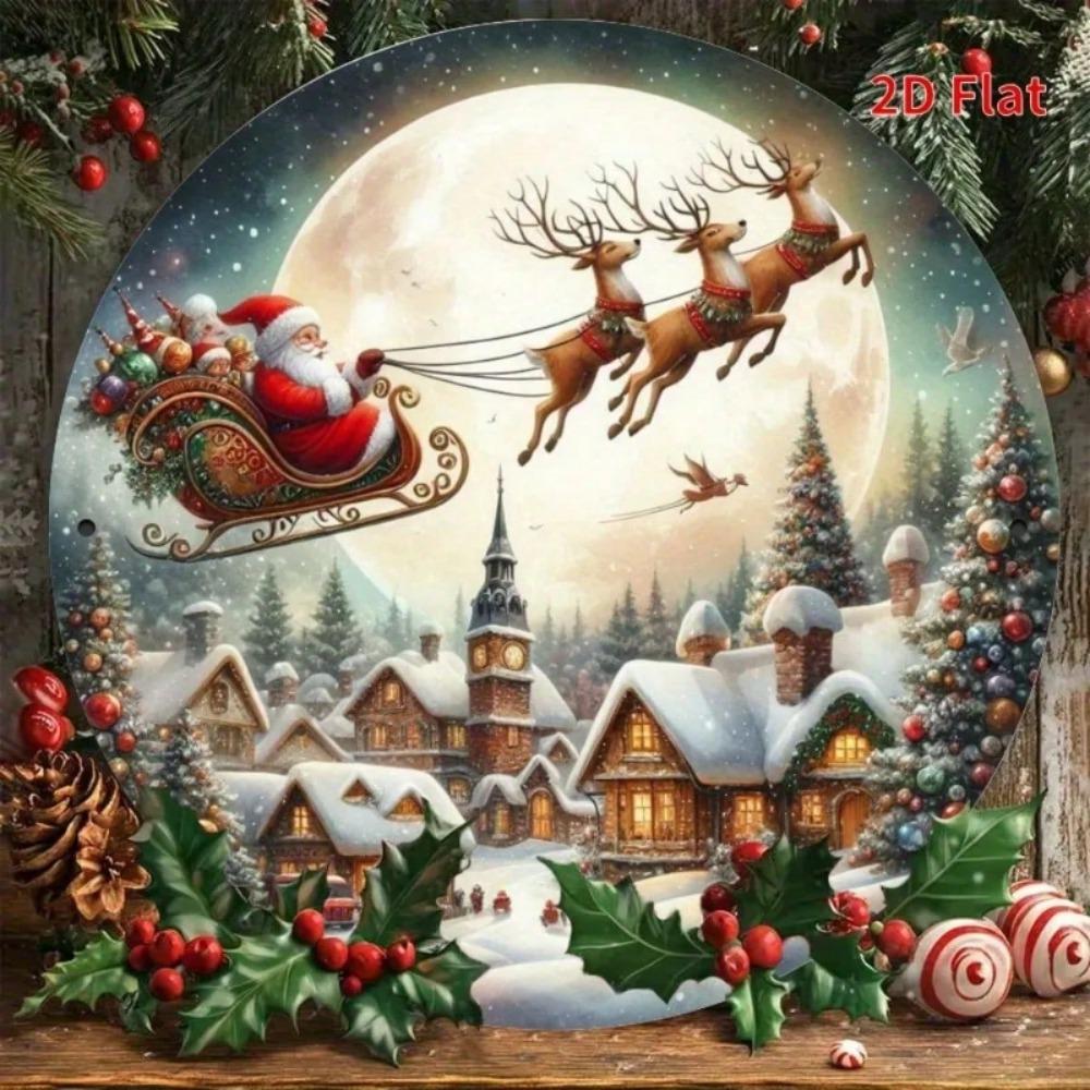 Vintage Santa Claus Sleigh Metal Wall Decor 2D Flat Christmas Decoration Reindeer Winter Village Tin Sign