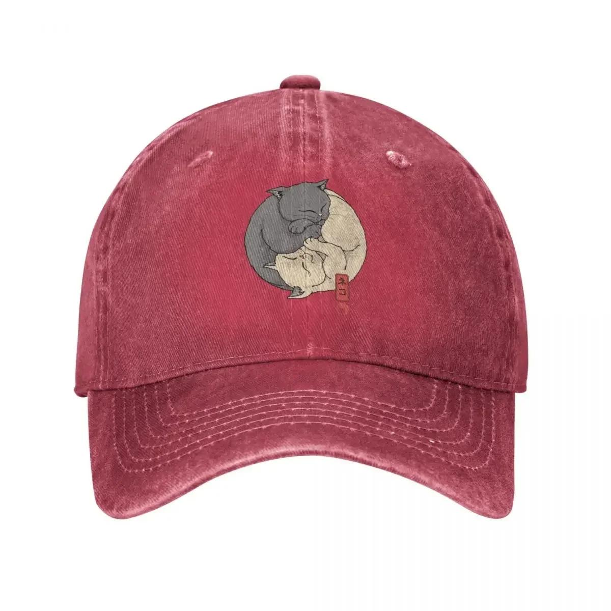 

Yin Yang Cat Baseball Cap Retro Distressed Washed Snapback Cap Unisex Outdoor Running Golf Gift Hats Cap One Size