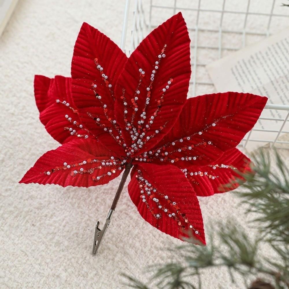 New 25CM Artificial Poinsettia Flower Sequins Sparkling Christmas Glitter Flower Glitter Simulation Flowers New Year Festival