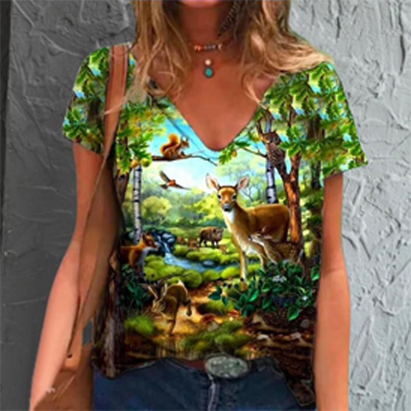 Women Girls Summer Fashion Casual Pullover Tops V-Neck Short Sleeves Print T Shirt