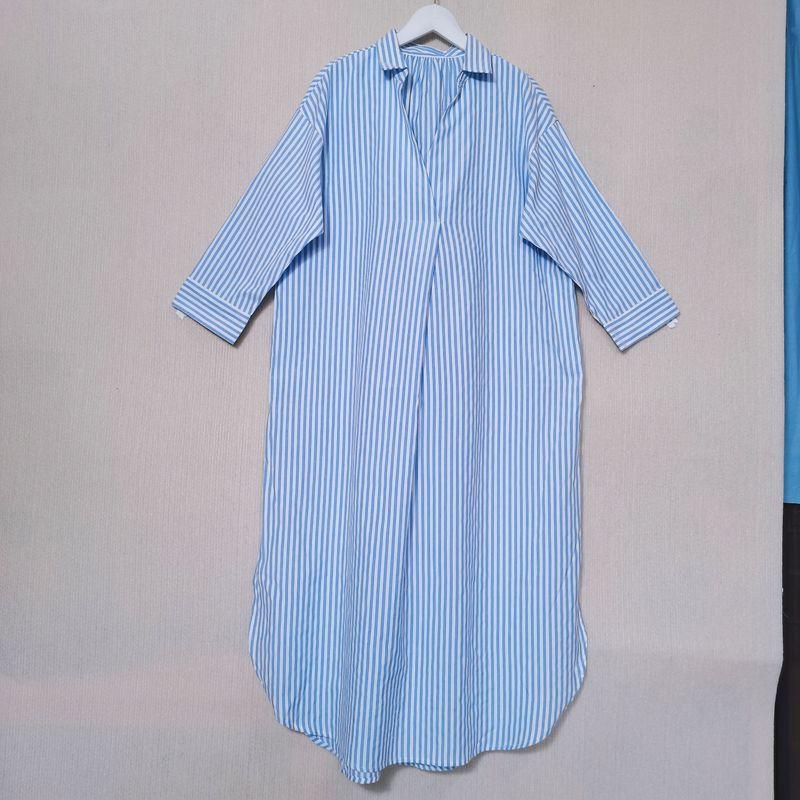 

Экспорт Экспорт Оригинальный Заказ Остатки Полоски V-образный вырез Рукава 3/4 Платье-рубашка Длинное платье Высокий стройнящий Моложавый Весна Blue White Stripes Free size F