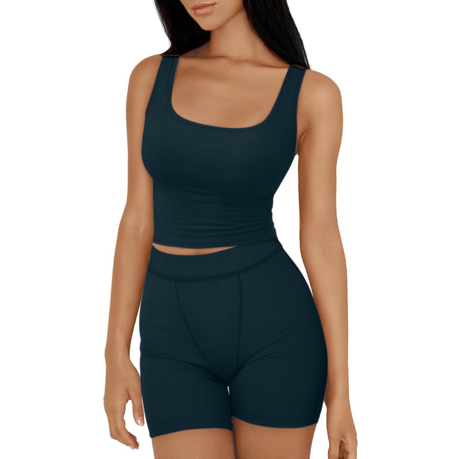 

Женские комплекты из 2 предметов, летние шорты для тренировок, одинаковые комплекты, облегающие укороченные топы на бретелях, одежда для спортзала на выход XL тёмно-синий