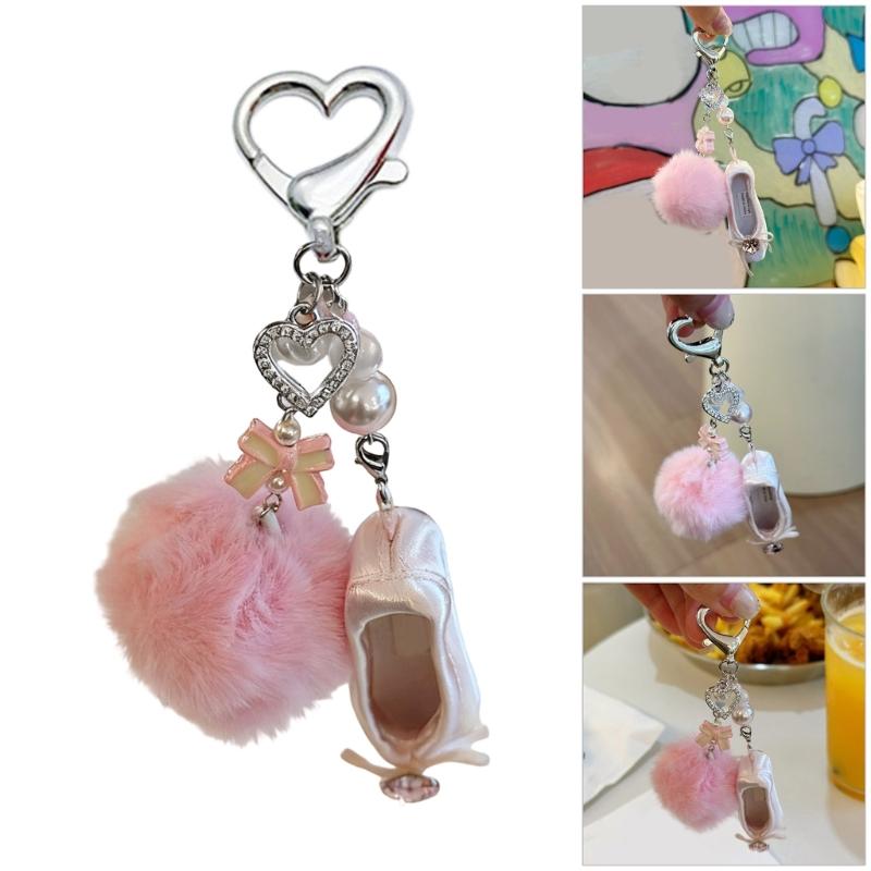 Elegantes Ballett Schuh Schlüsselanhänger Mit Perlen Herz Schleife Und Rosa Pompons Legierung Stoff Anhänger Zubehör Für Frauen