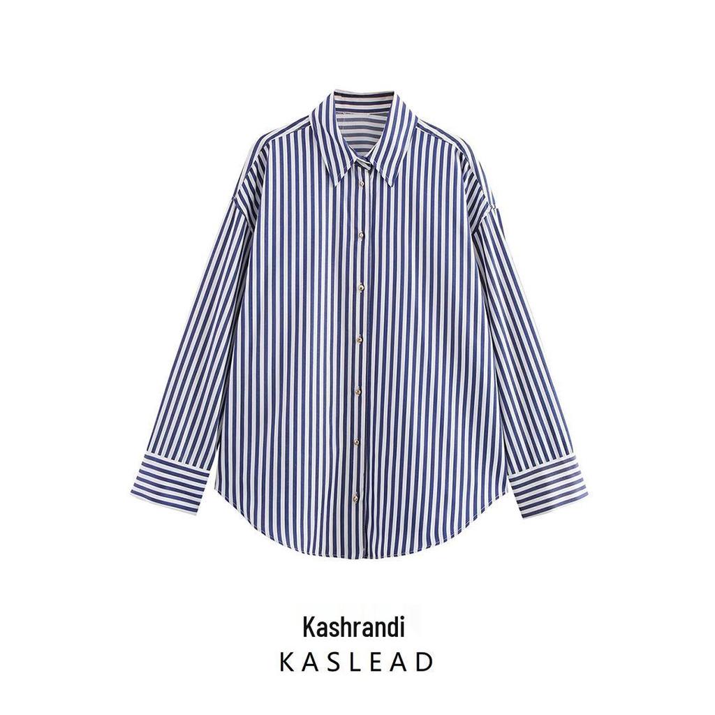 2025 Spring Women's Metallic Thread Striped Long Sleeve Shirt - Euro-American Style