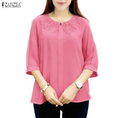 Women Lace Splice Round Neck Casual Half Sleeve Blouse