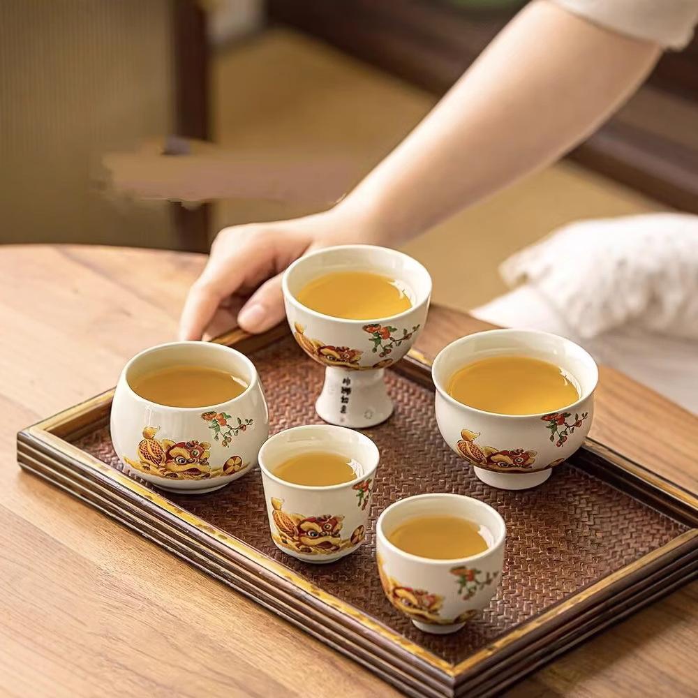Grass And Wood Ash Lion Dancing Guochao Chinese Style Tea Drinking Cup Ceramic Household Kung Fu Tea Master Cup Single Cup Tea Tasting Cup