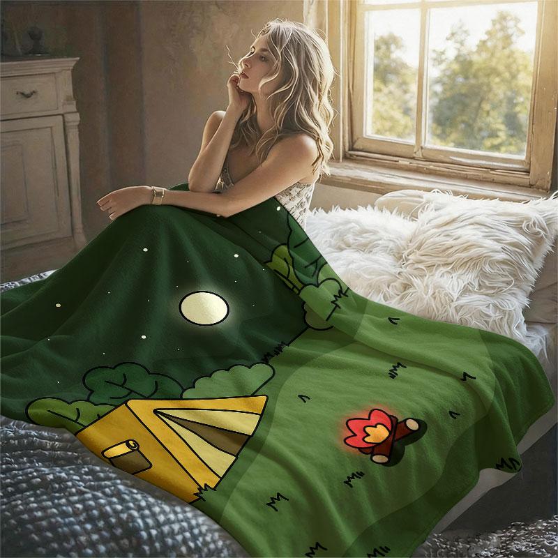 Night Camping Scene Flannel Blanket Warm Soft Halloween Christmas Decorative Couch Warm Cozy All-Season Gift